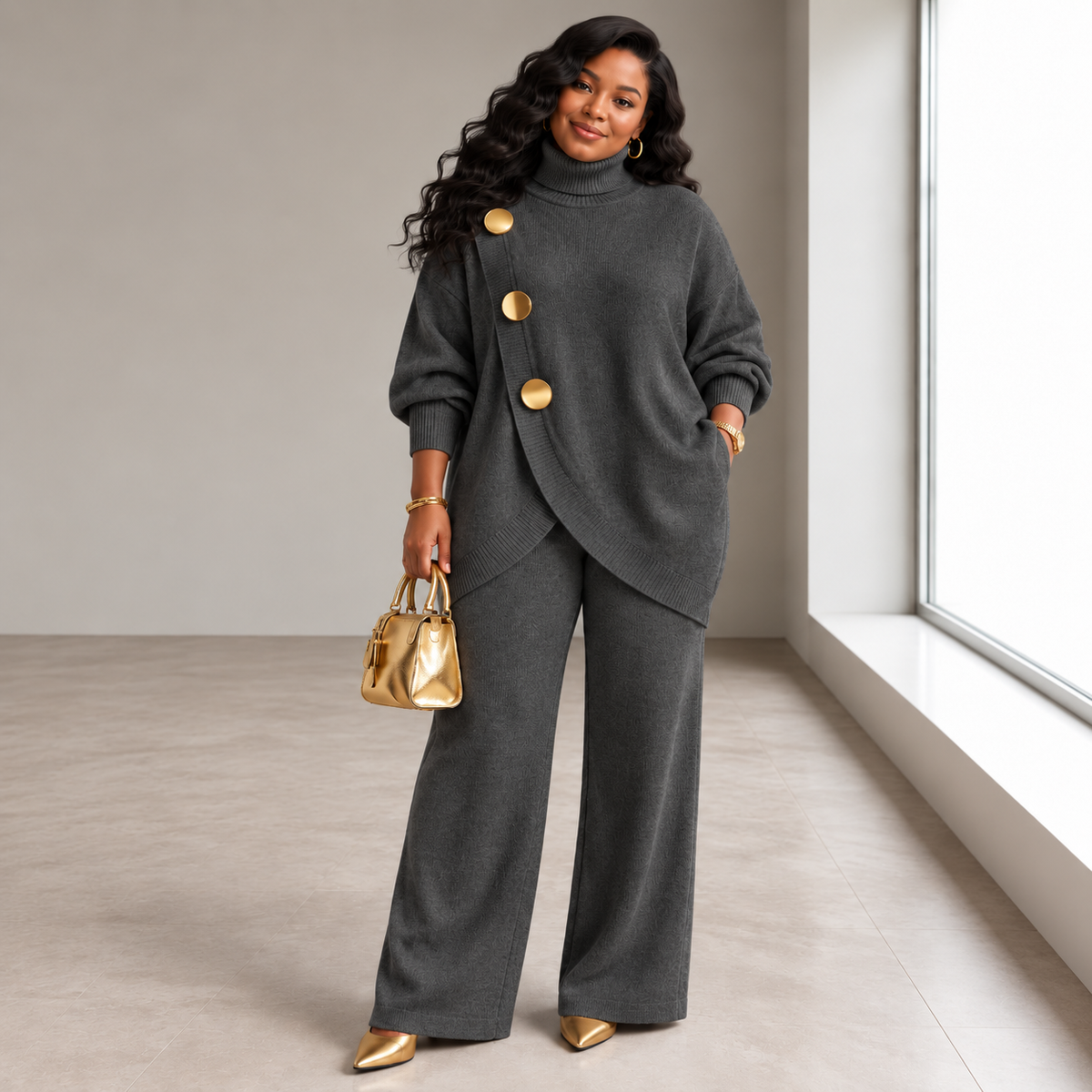 Noa | Knit Set with Turtleneck Sweater & Wide-Leg Pants