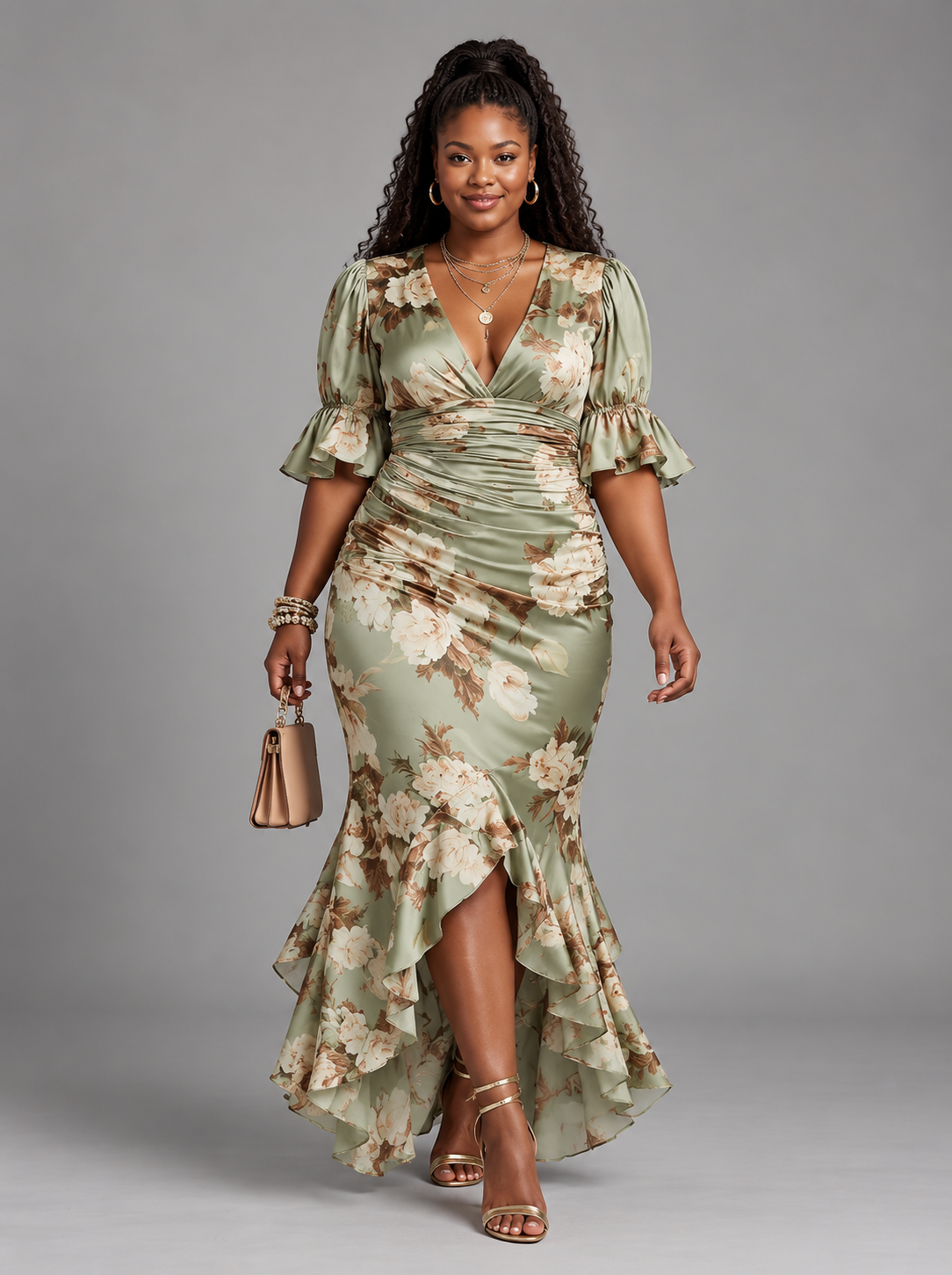 Anastasia | Long Satin Dress With Floral Print