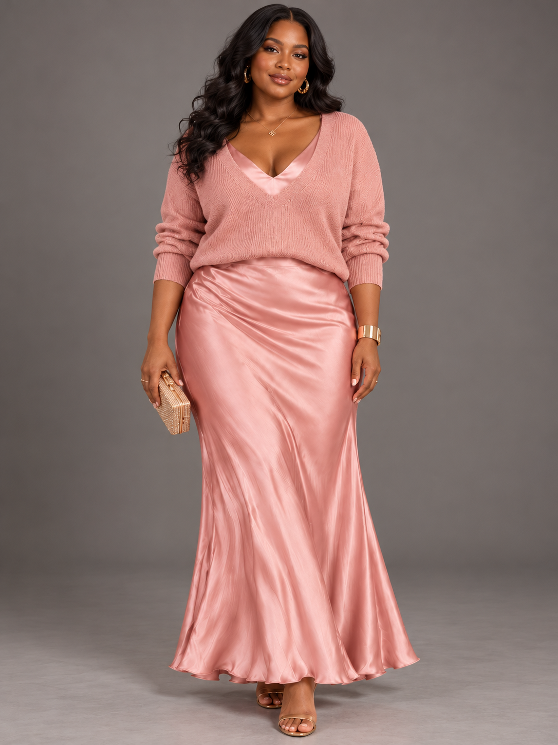Jessa | V-Neck Sweater & Satin Maxi Dress Set