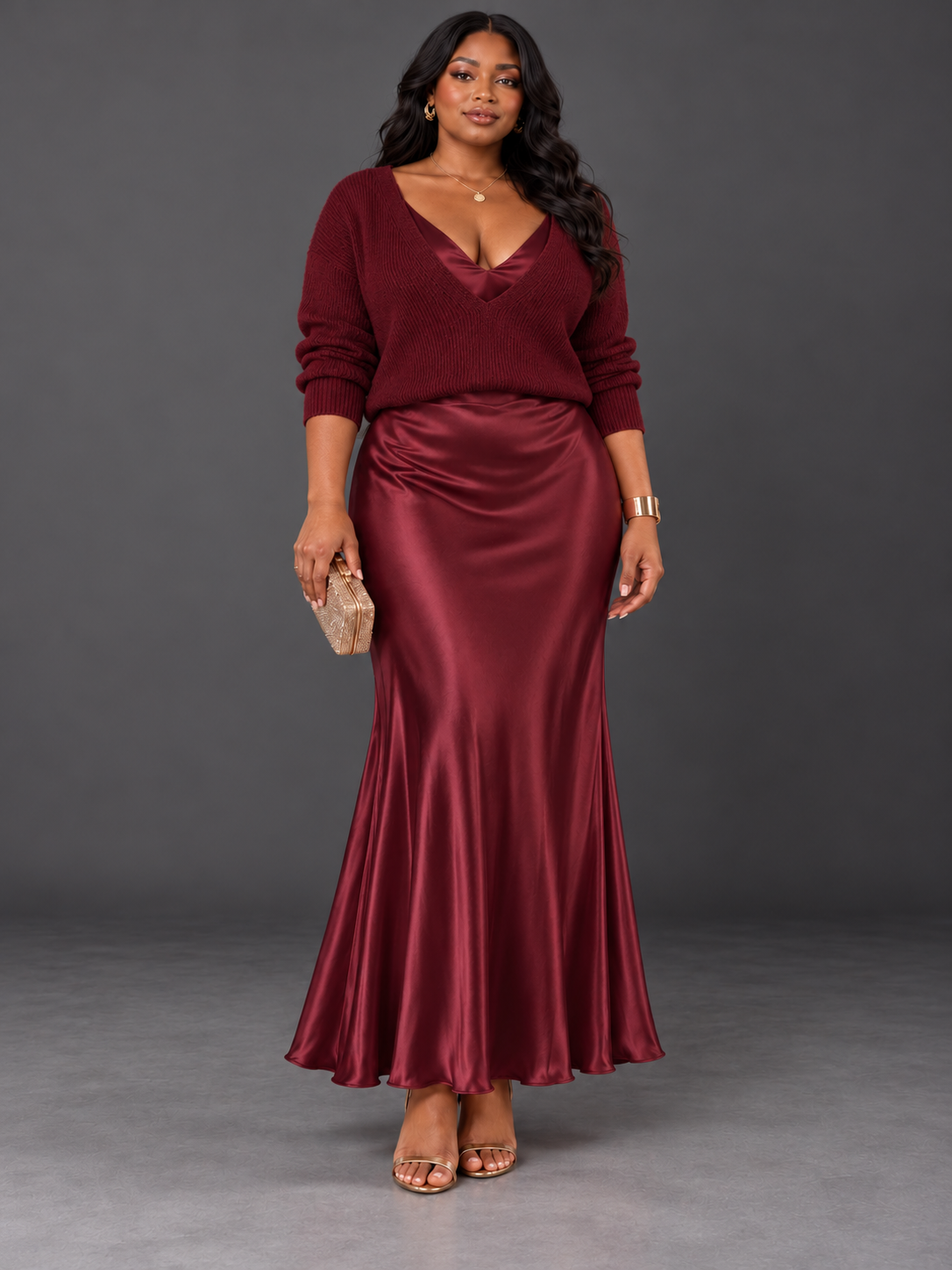 Jessa | V-Neck Sweater & Satin Maxi Dress Set