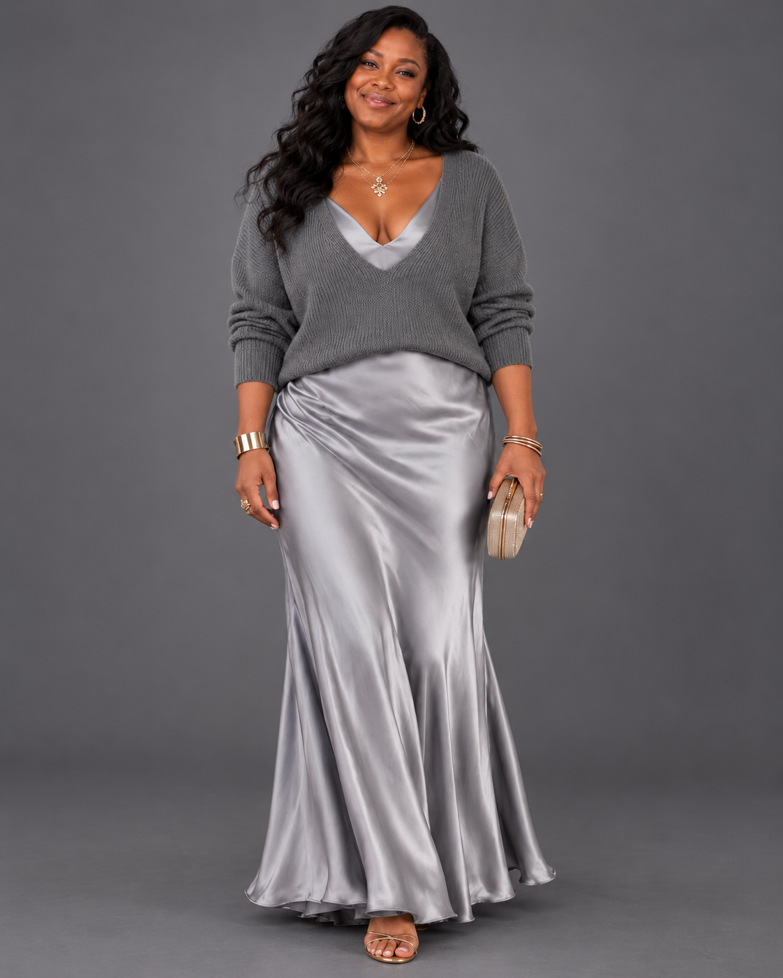 Jessa | V-Neck Sweater & Satin Maxi Dress Set