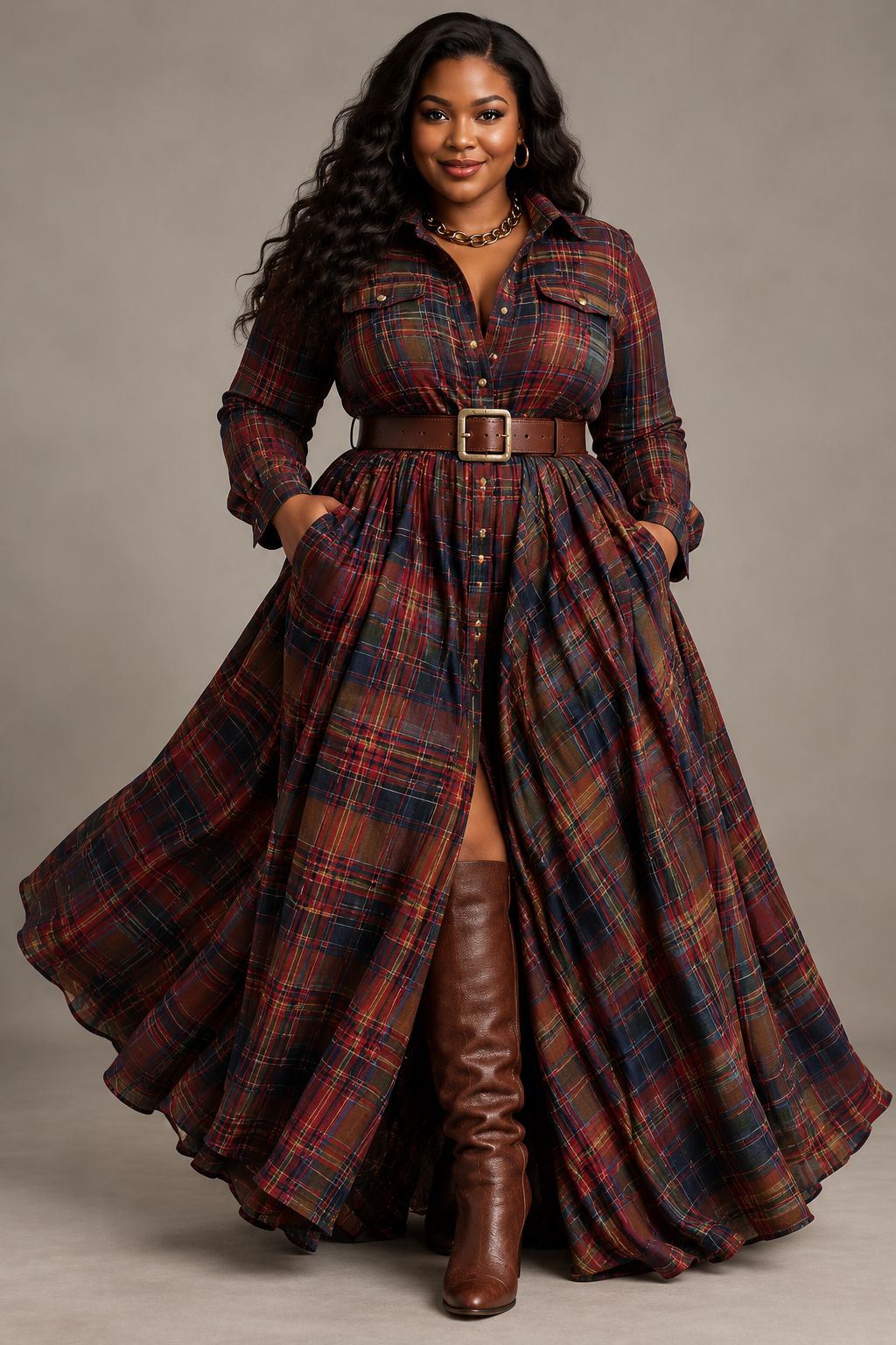 Béatrice | Long Plaid Dress with Belt
