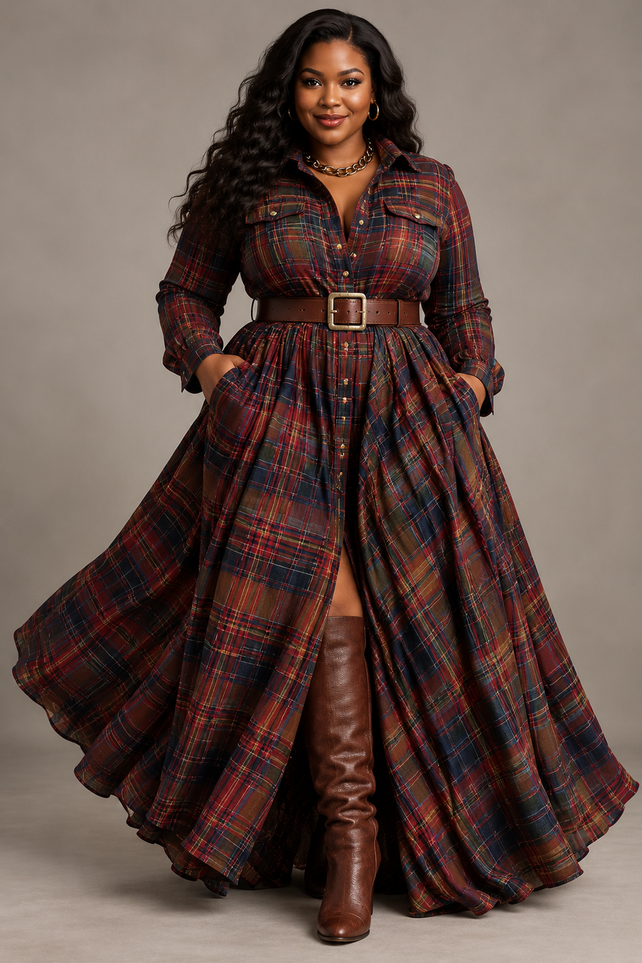 Béatrice | Long Plaid Dress with Belt