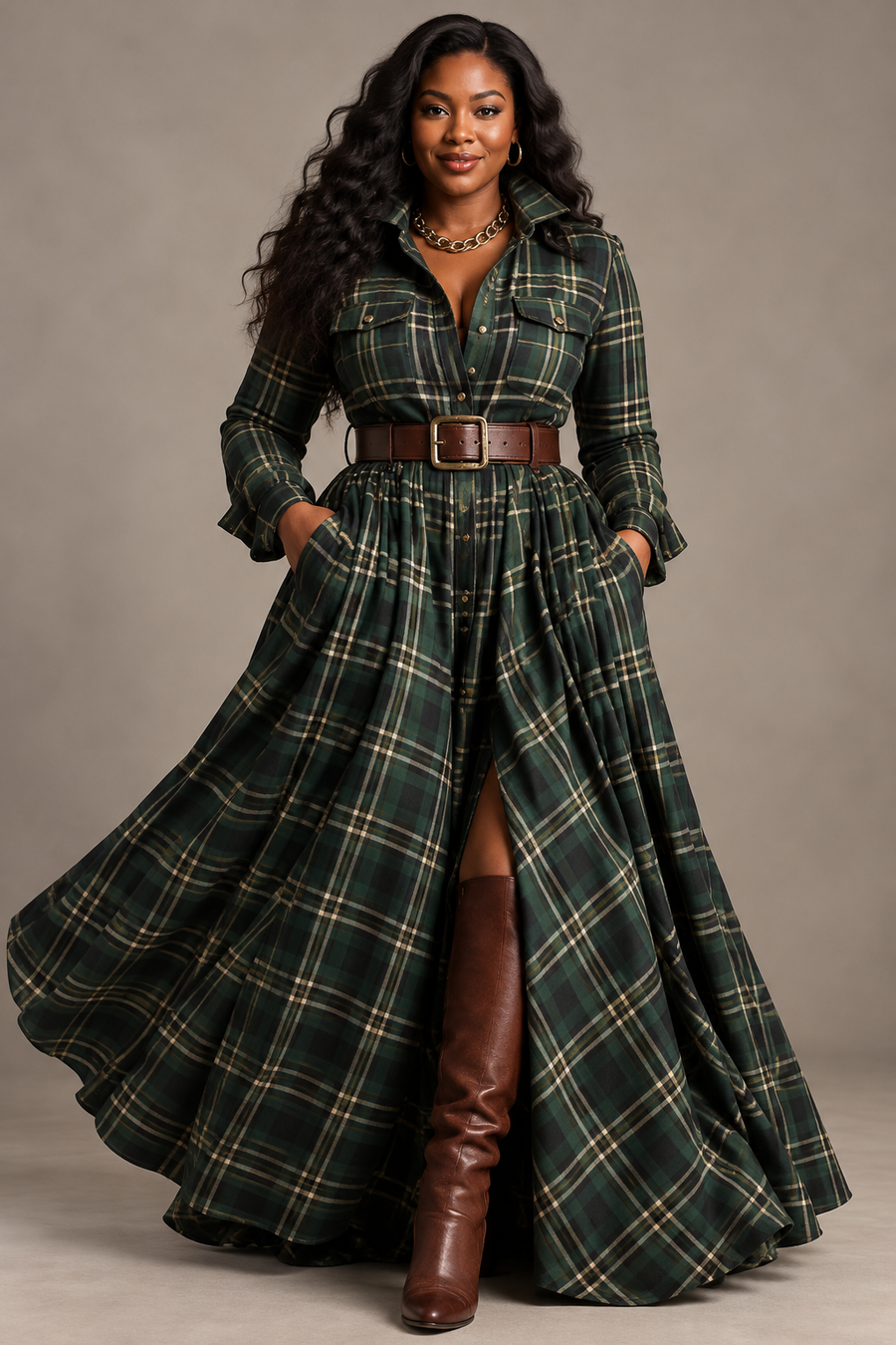 Béatrice | Long Plaid Dress with Belt