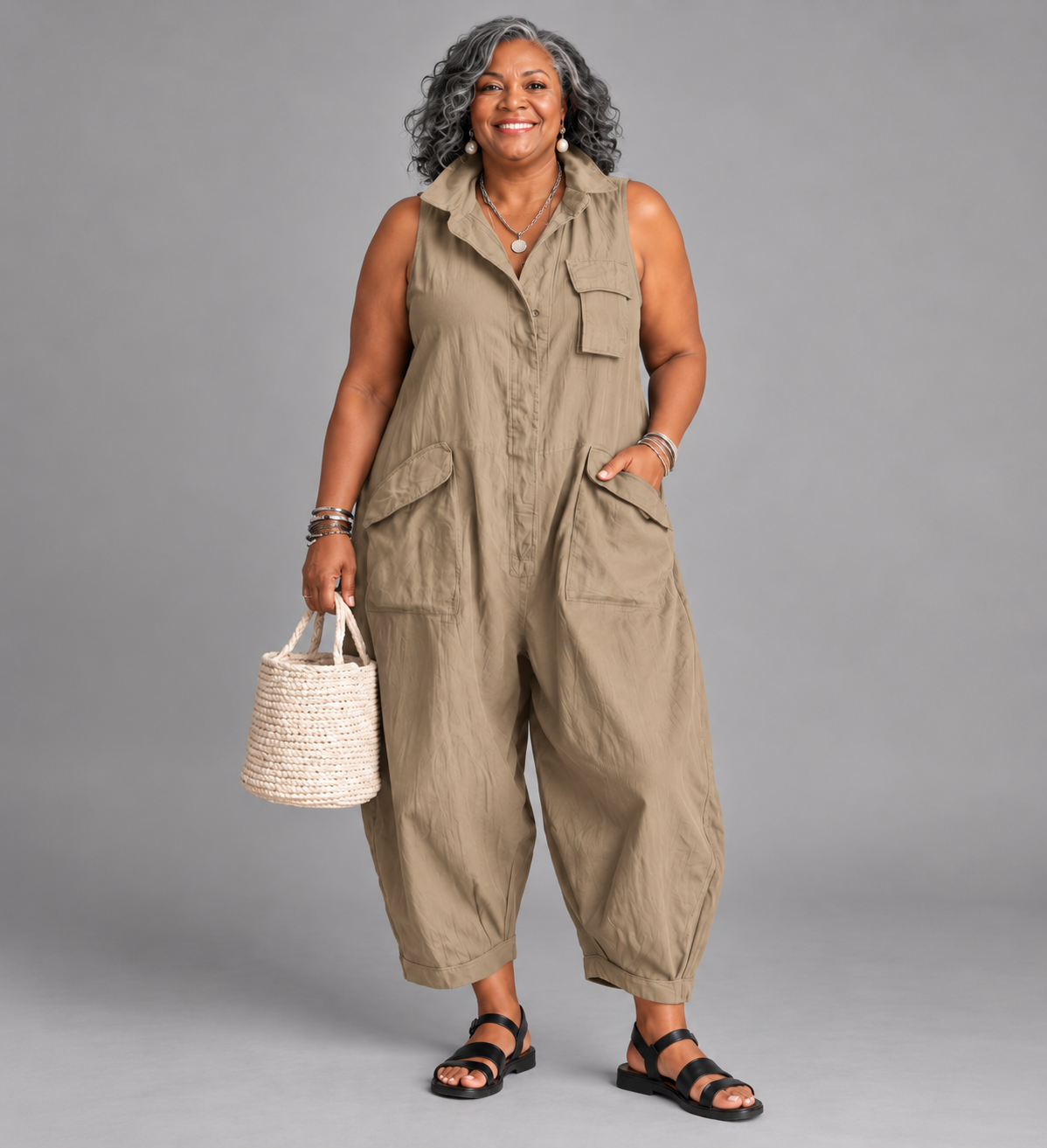 RYKER | Sleeveless Cargo Jumpsuit with Collar and Flap Pockets