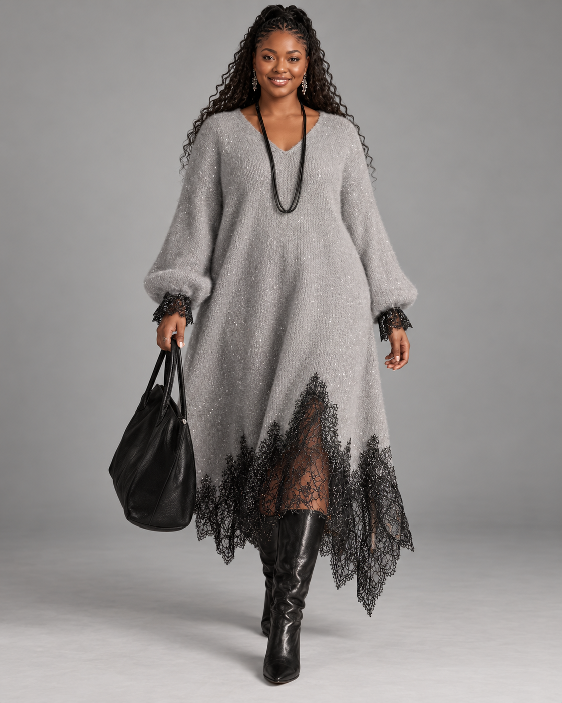 Vinciane | Sequin Knit Dress with Lace Hem