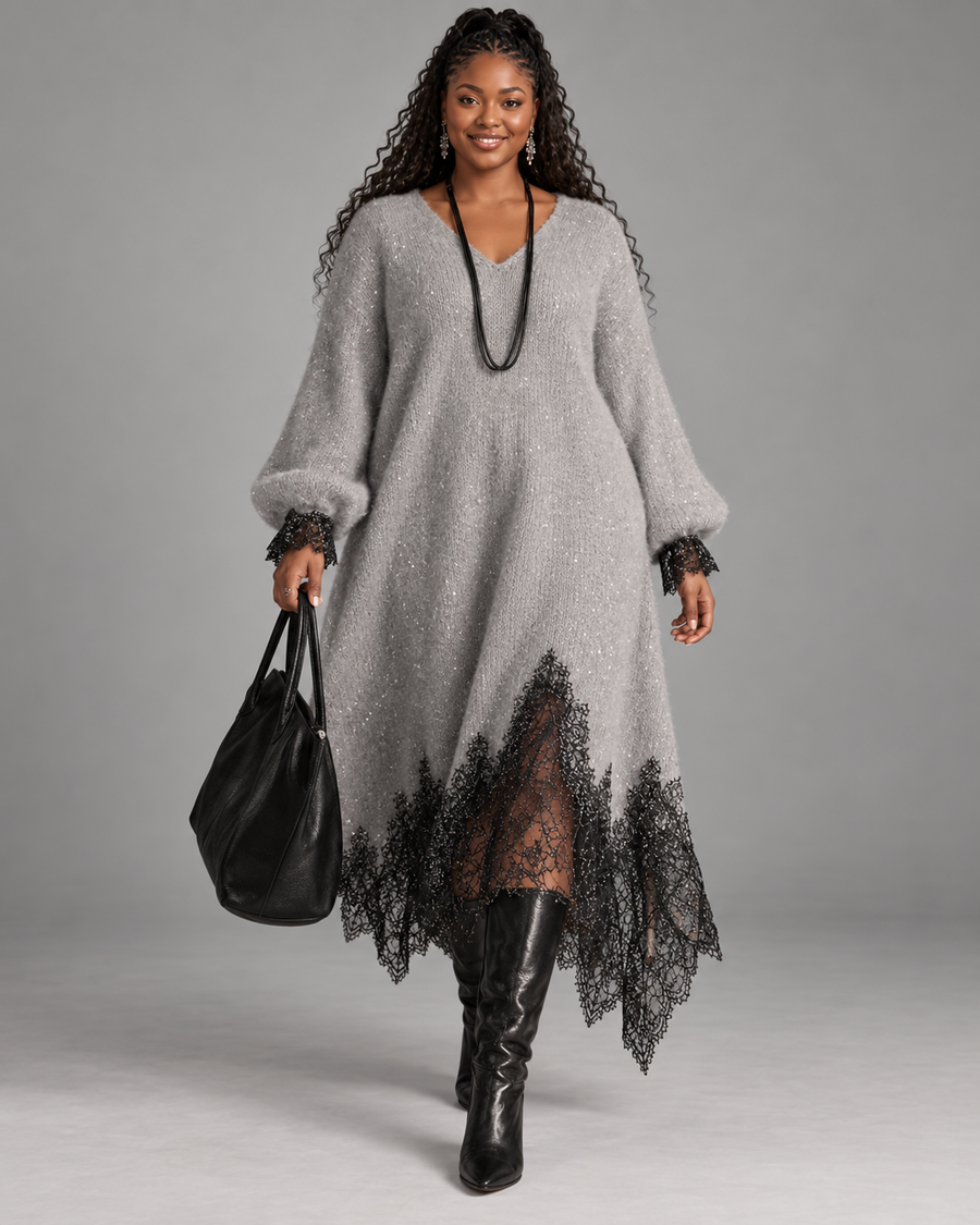 Vinciane | Sequin Knit Dress with Lace Hem