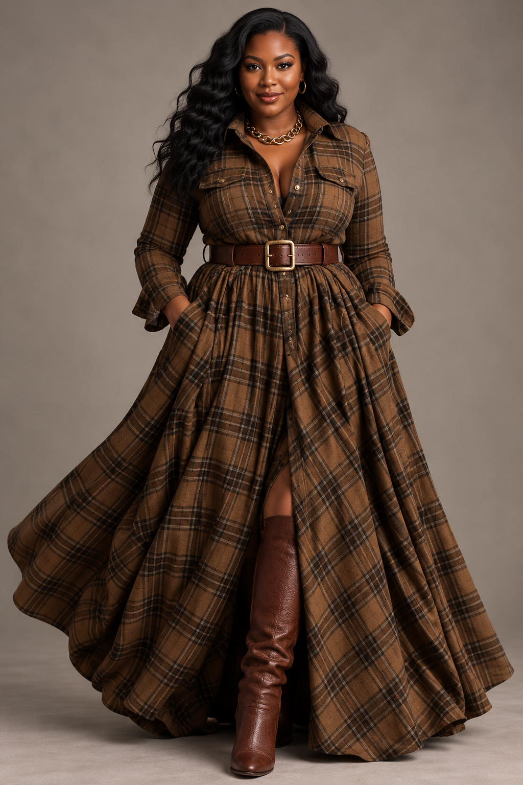 Béatrice | Long Plaid Dress with Belt
