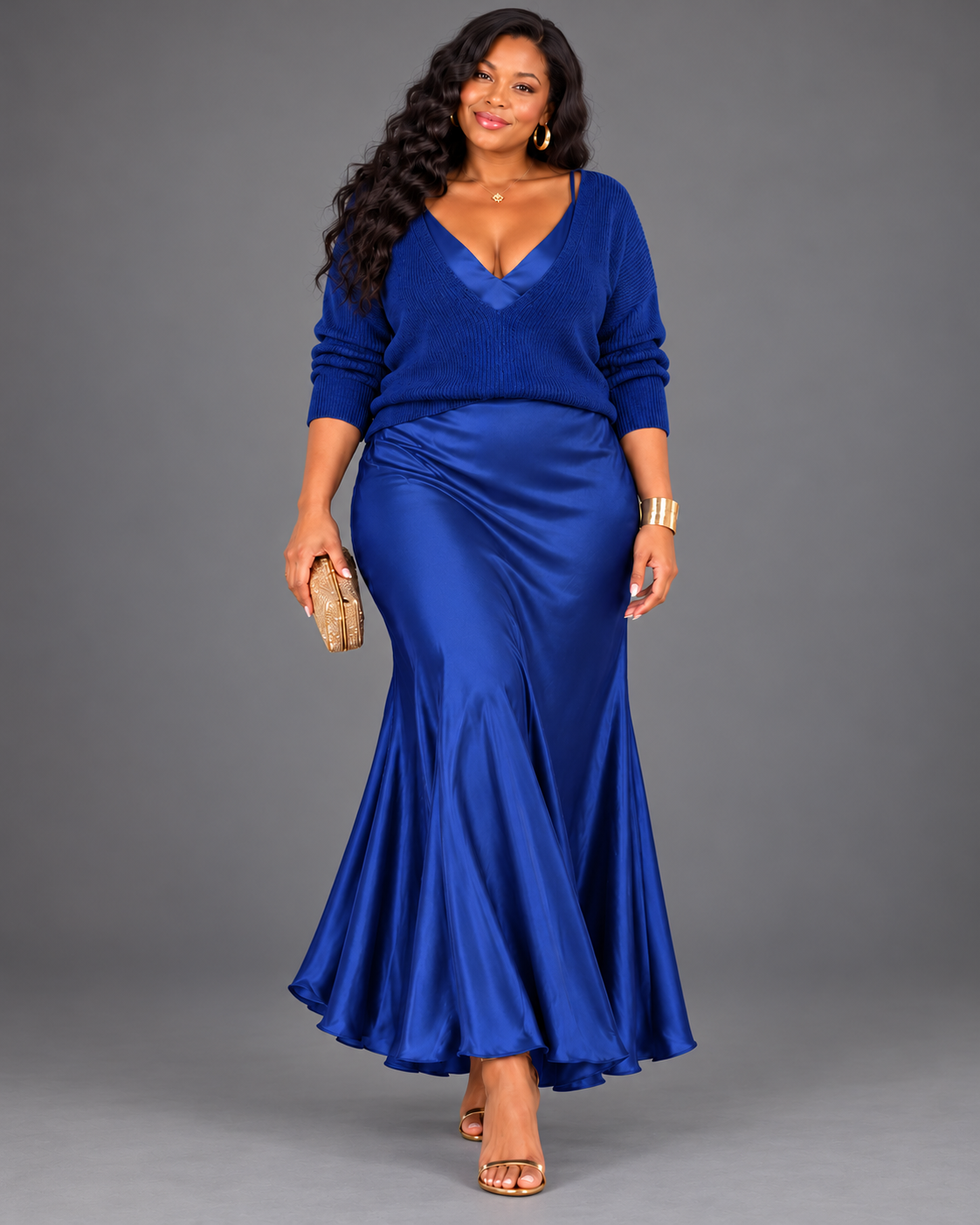 Jessa | V-Neck Sweater & Satin Maxi Dress Set