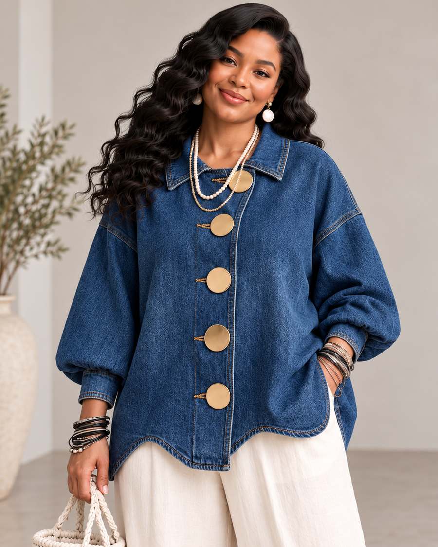 Luciana | Oversized Denim Jacket with Statement Gold Buttons & Curved Hem, Blue