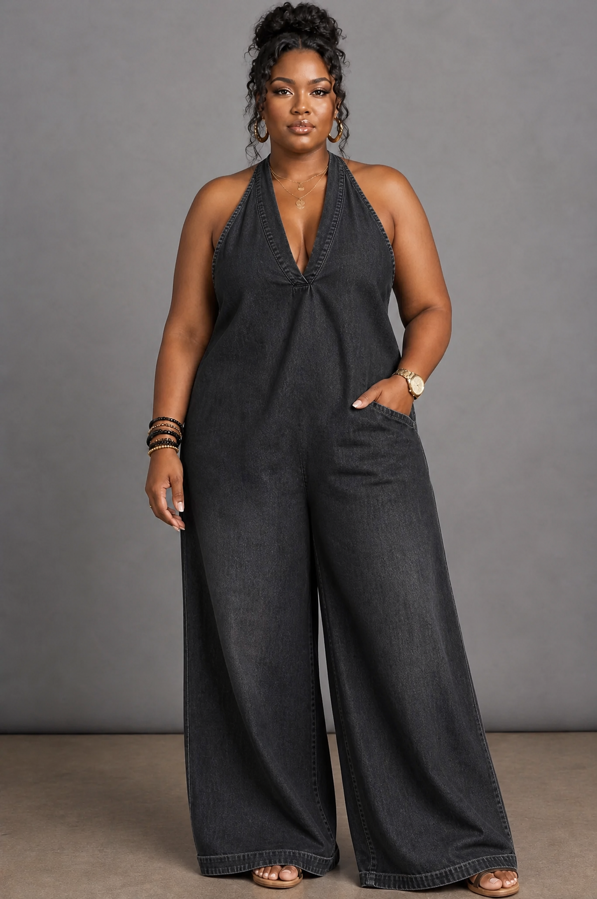Opaline | Halter Neck Denim Top And Wide Leg Pants Set