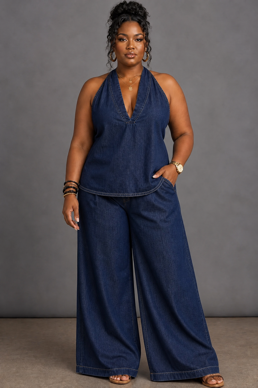 Opaline | Halter Neck Denim Top And Wide Leg Pants Set