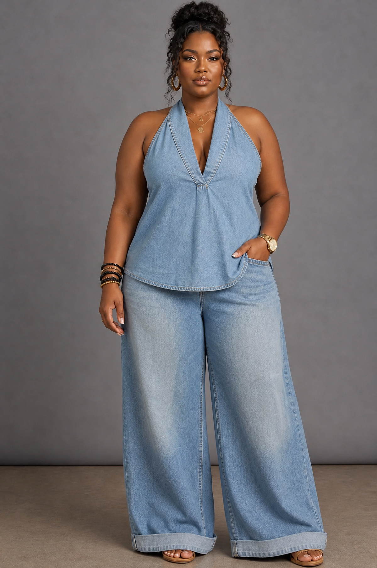Opaline | Halter Neck Denim Top And Wide Leg Pants Set