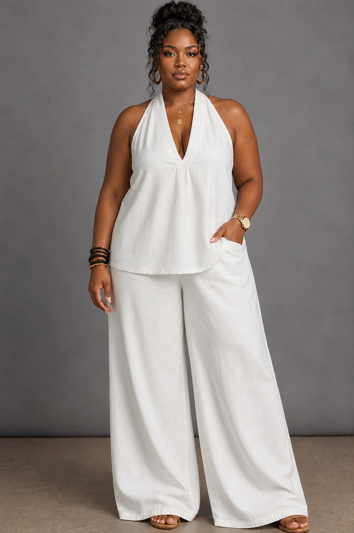 Opaline | Halter Neck Denim Top And Wide Leg Pants Set